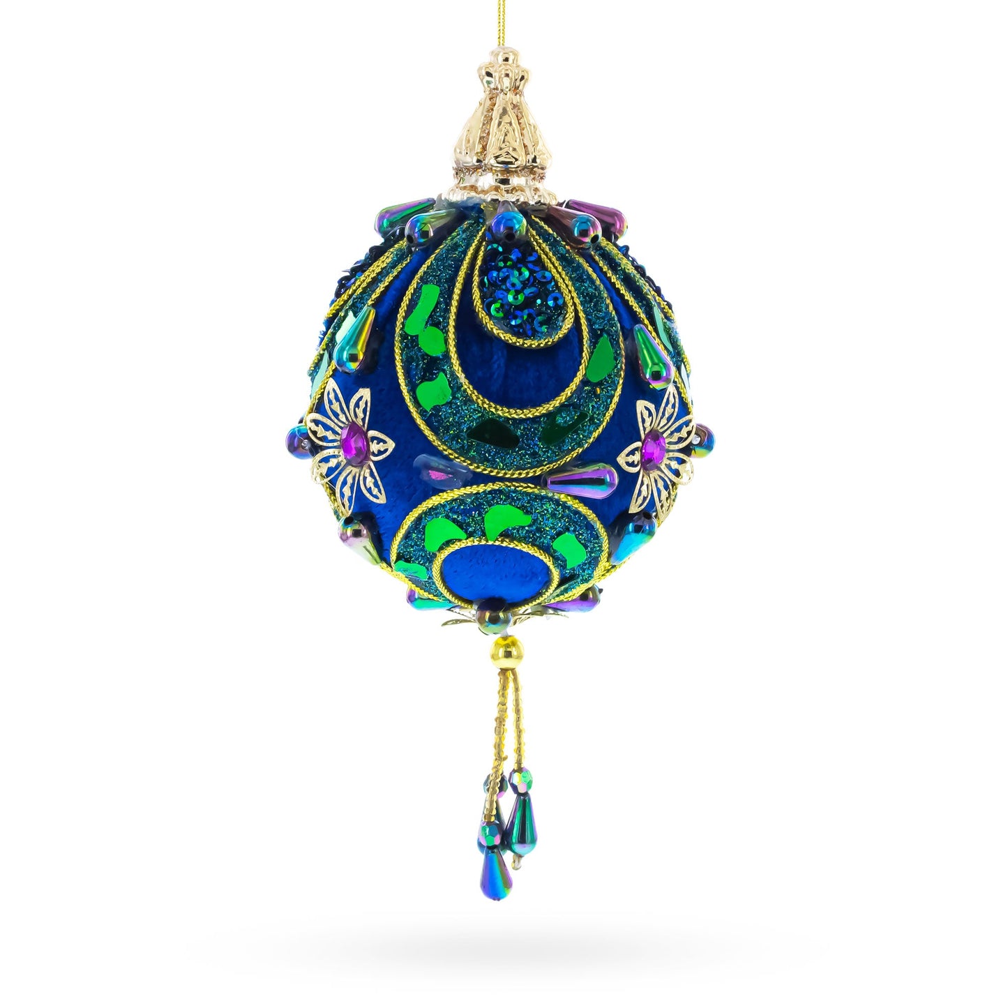 Royal Blue Jeweled  Gold Filigree Accents and Tassels Christmas Ornament