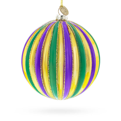 Striped Purple, Green, and Gold Glass Ball Christmas Ornament