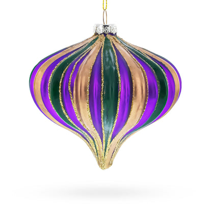 Striped  Purple, Green, and Gold Onion Finial Glass Christmas Ornament