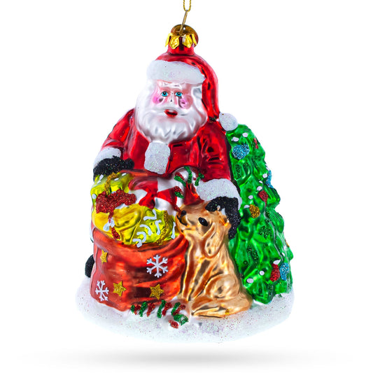 Santa with Puppy and Christmas Tree Glass Christmas Ornament