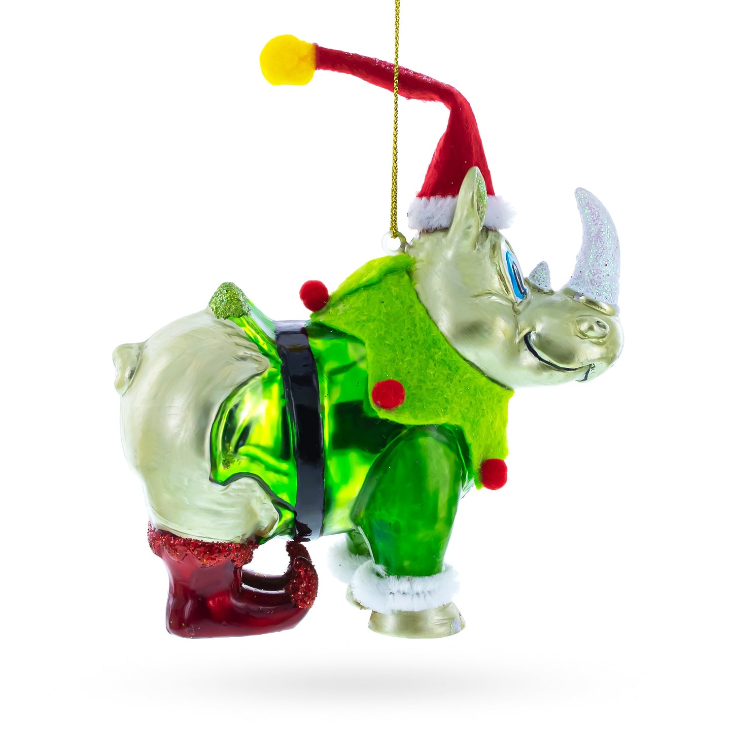 Rhino in Santa Hat Glass Christmas Ornament
