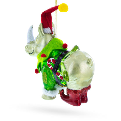 Rhino in Santa Hat Glass Christmas Ornament