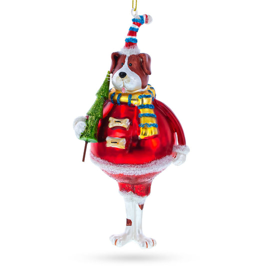 Dog in Fur Hat Holding Tree Glass Christmas Ornament