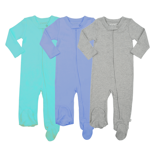 3pc footie set | vintage aqua periwinkle & heather grey