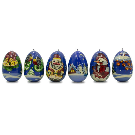 6 Santa with Snowman and Birds Wooden Christmas Ornaments 2.25 Inches