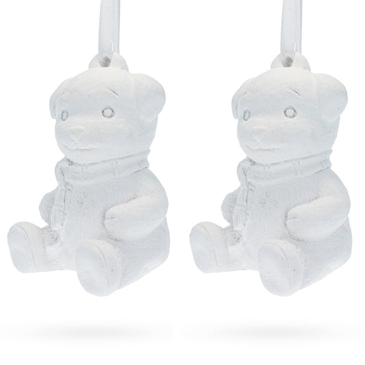 Set of 2 Blank White Unfinished Unpainted Plaster Teddy Bear Ornaments 3.5 Inches
