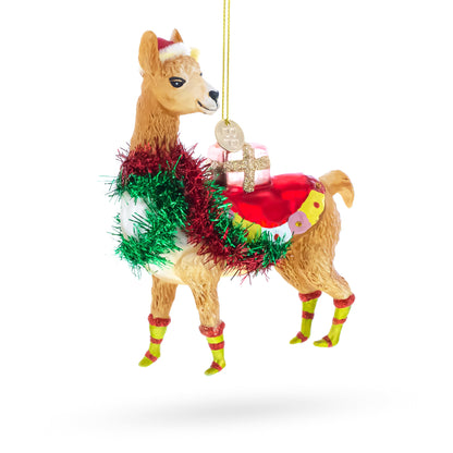 Llama with Presents Glass Christmas Ornament