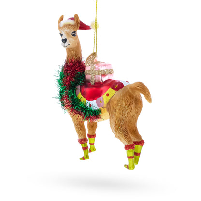 Llama with Presents Glass Christmas Ornament