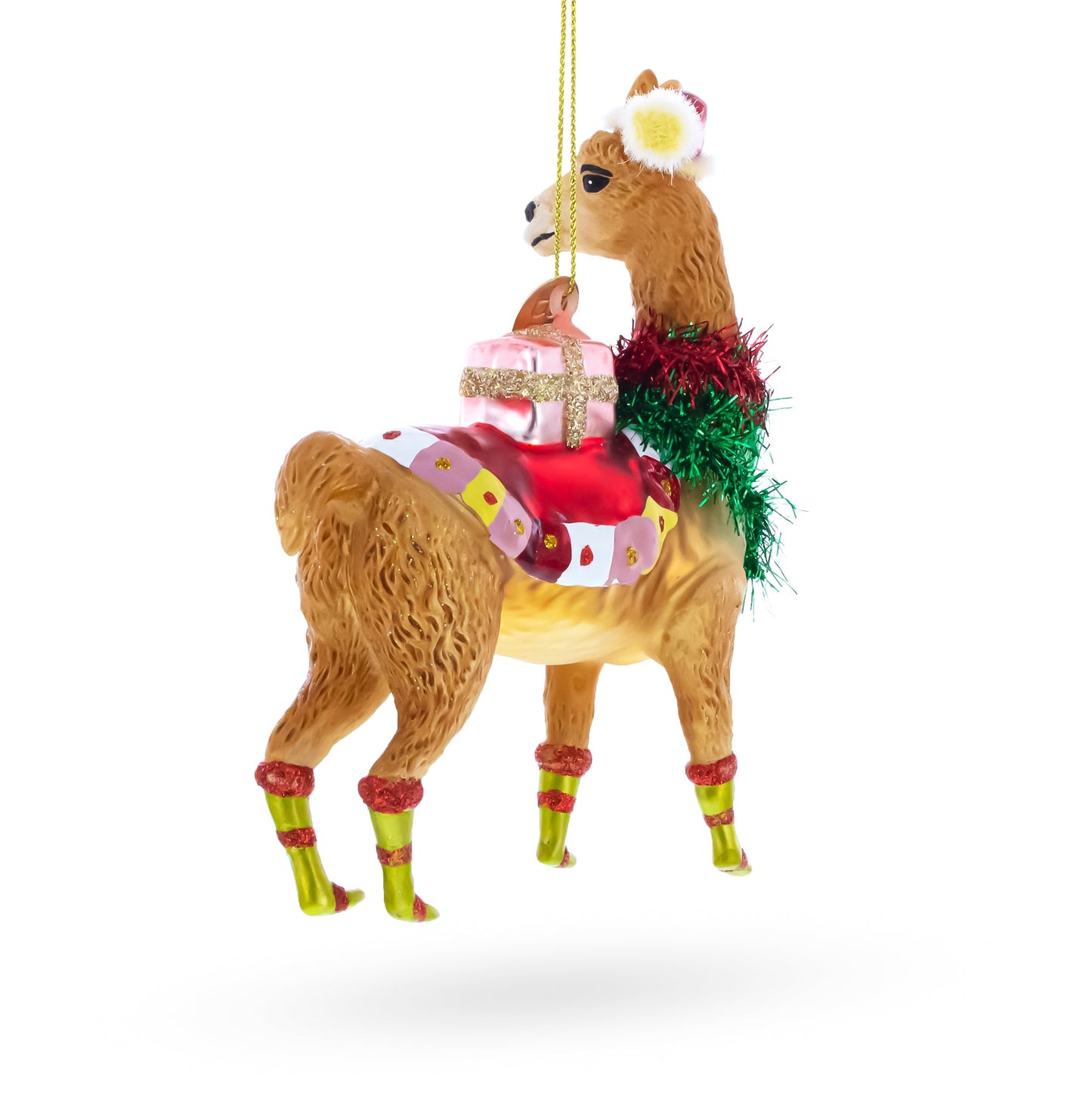 Llama with Presents Glass Christmas Ornament