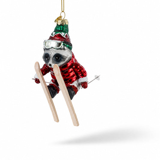 Skiing Raccoon Glass Christmas Ornament