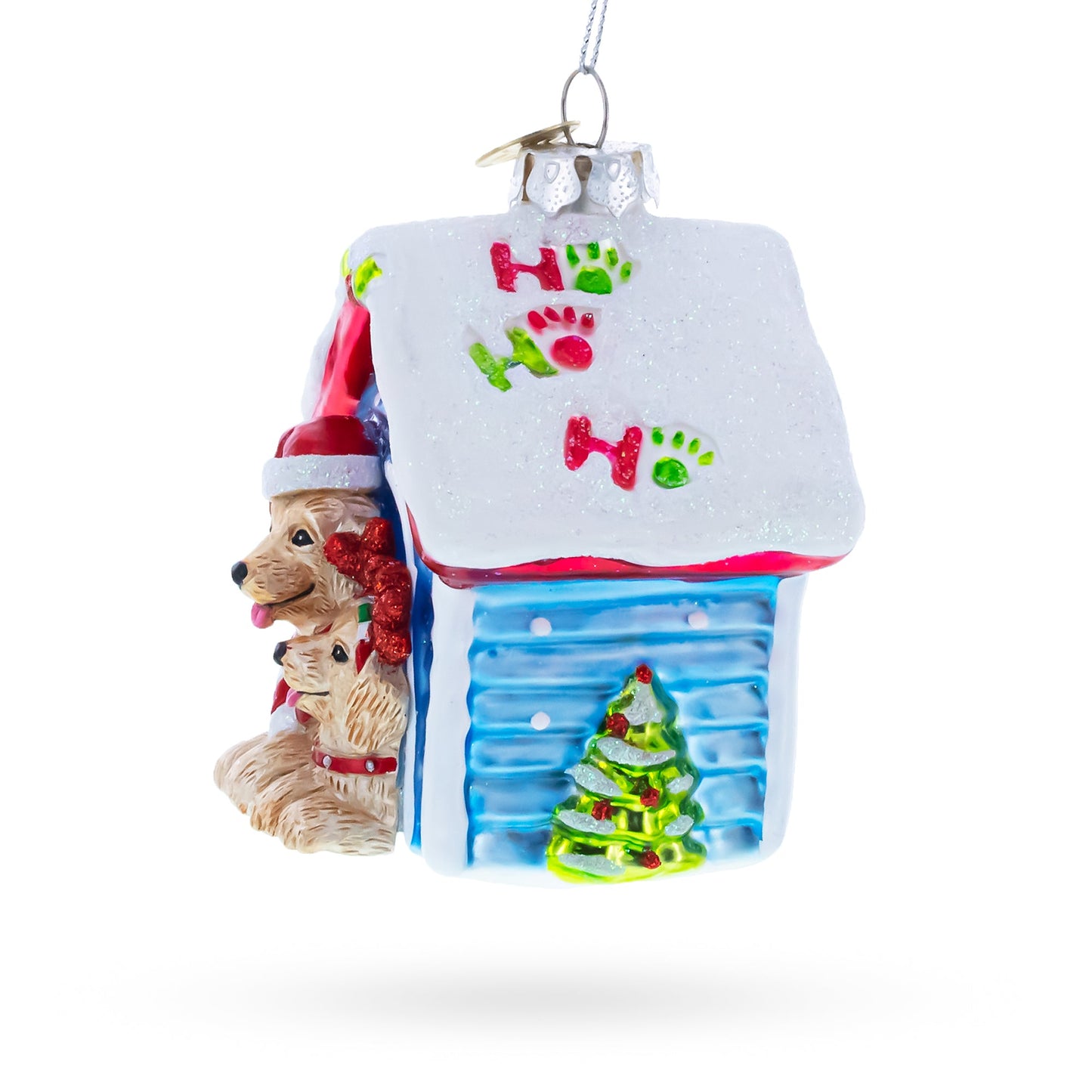 Christmas Dogs in Doghouse Glass Christmas Ornament