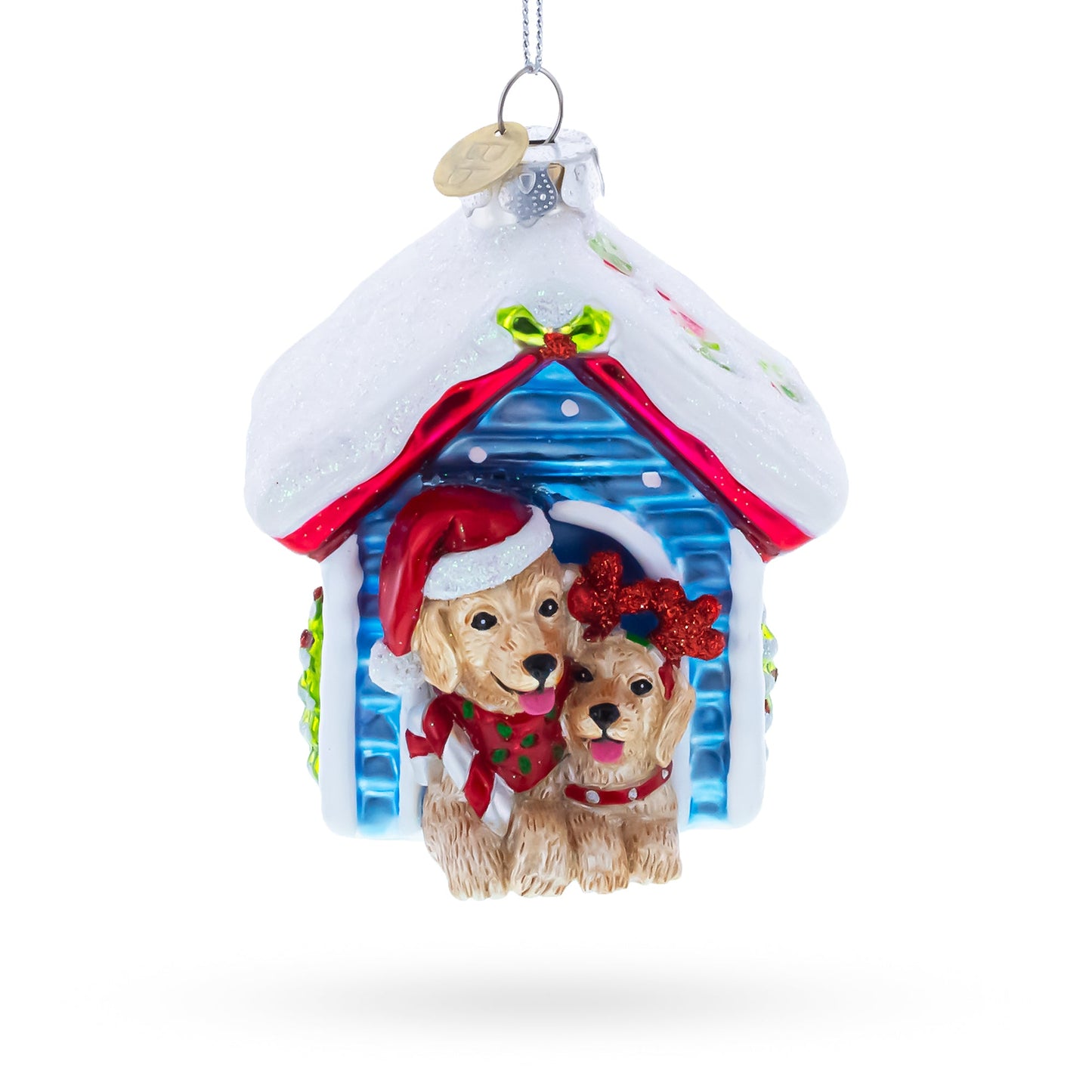 Christmas Dogs in Doghouse Glass Christmas Ornament