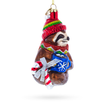 Sloth with Mug Glass Christmas Ornament