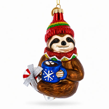 Sloth with Mug Glass Christmas Ornament