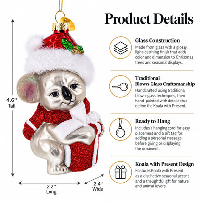Koala with Present Glass Christmas Ornament