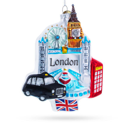 London Landmarks with Big Ben and Taxi Glass Christmas Ornament