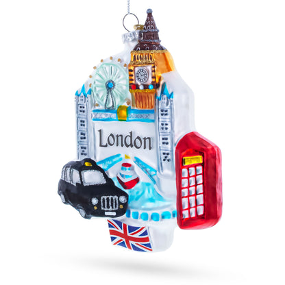 London Landmarks with Big Ben and Taxi Glass Christmas Ornament