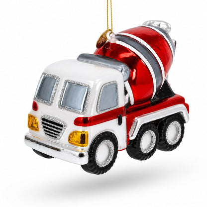 Striped Concrete Mixer Construction Vehicle Glass Christmas Ornament