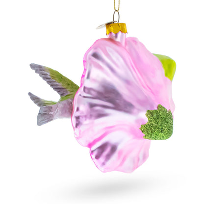 Hummingbird with Pink Hibiscus Glass Christmas Ornament