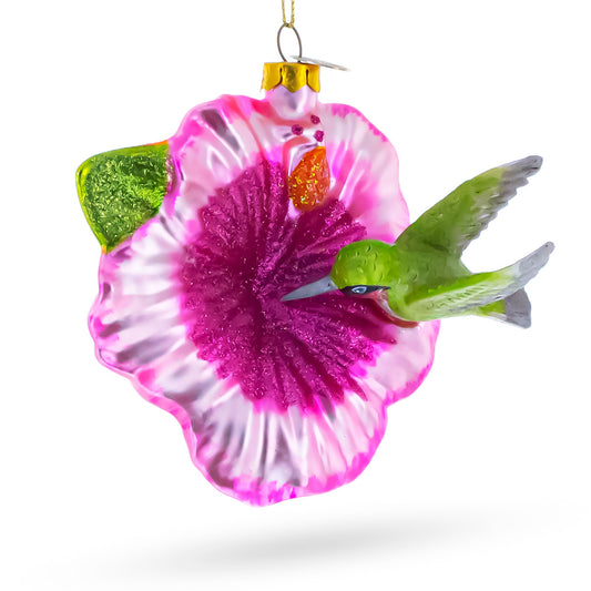 Hummingbird with Pink Hibiscus Glass Christmas Ornament