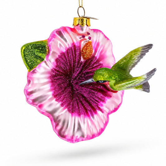 Hummingbird with Pink Hibiscus Glass Christmas Ornament