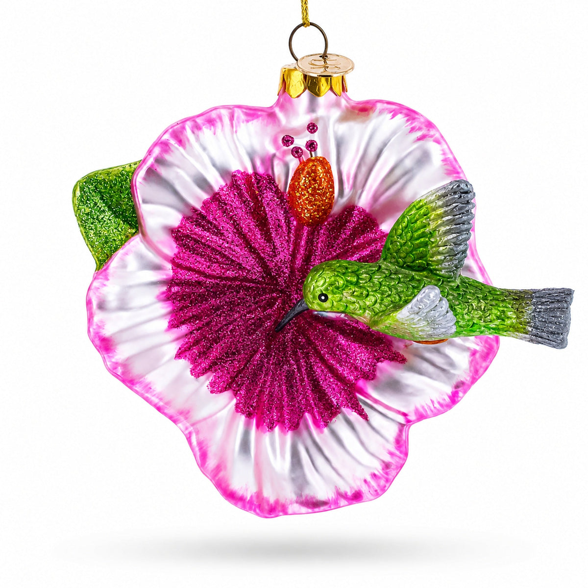 Hummingbird with Pink Hibiscus Glass Christmas Ornament
