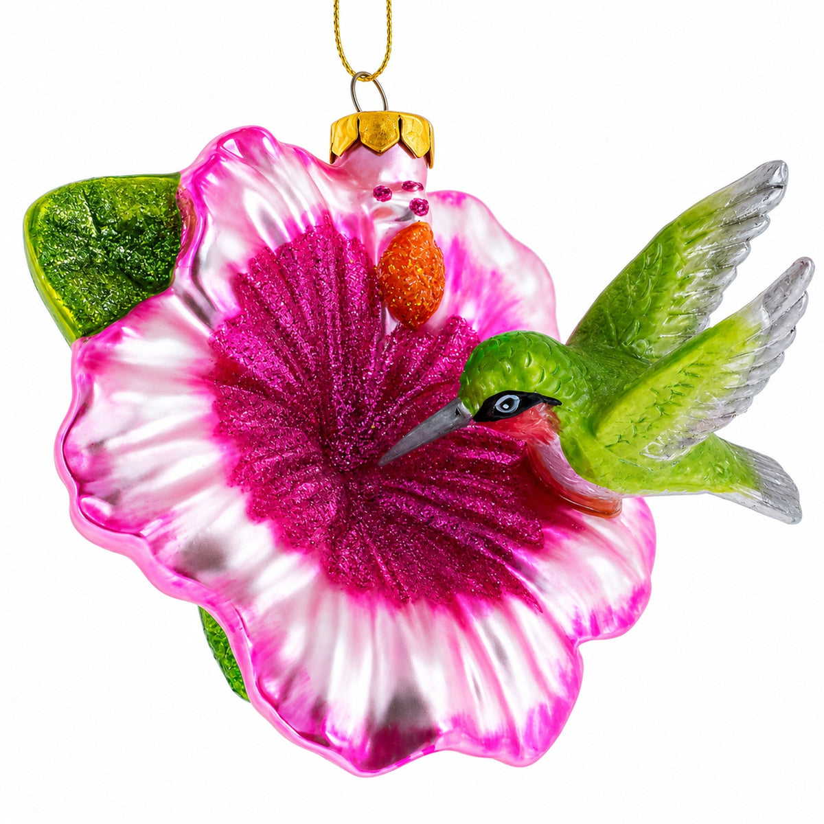 Hummingbird with Pink Hibiscus Glass Christmas Ornament