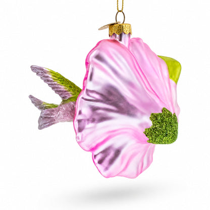 Hummingbird with Pink Hibiscus Glass Christmas Ornament