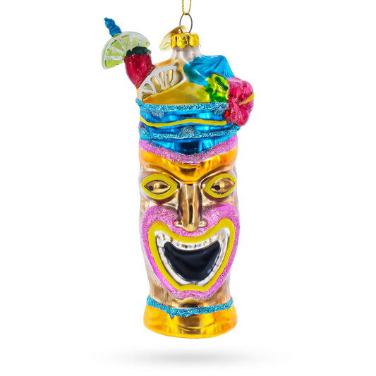 Hawaiian Tiki Totem with Tropical Cocktail Glass Christmas Ornament