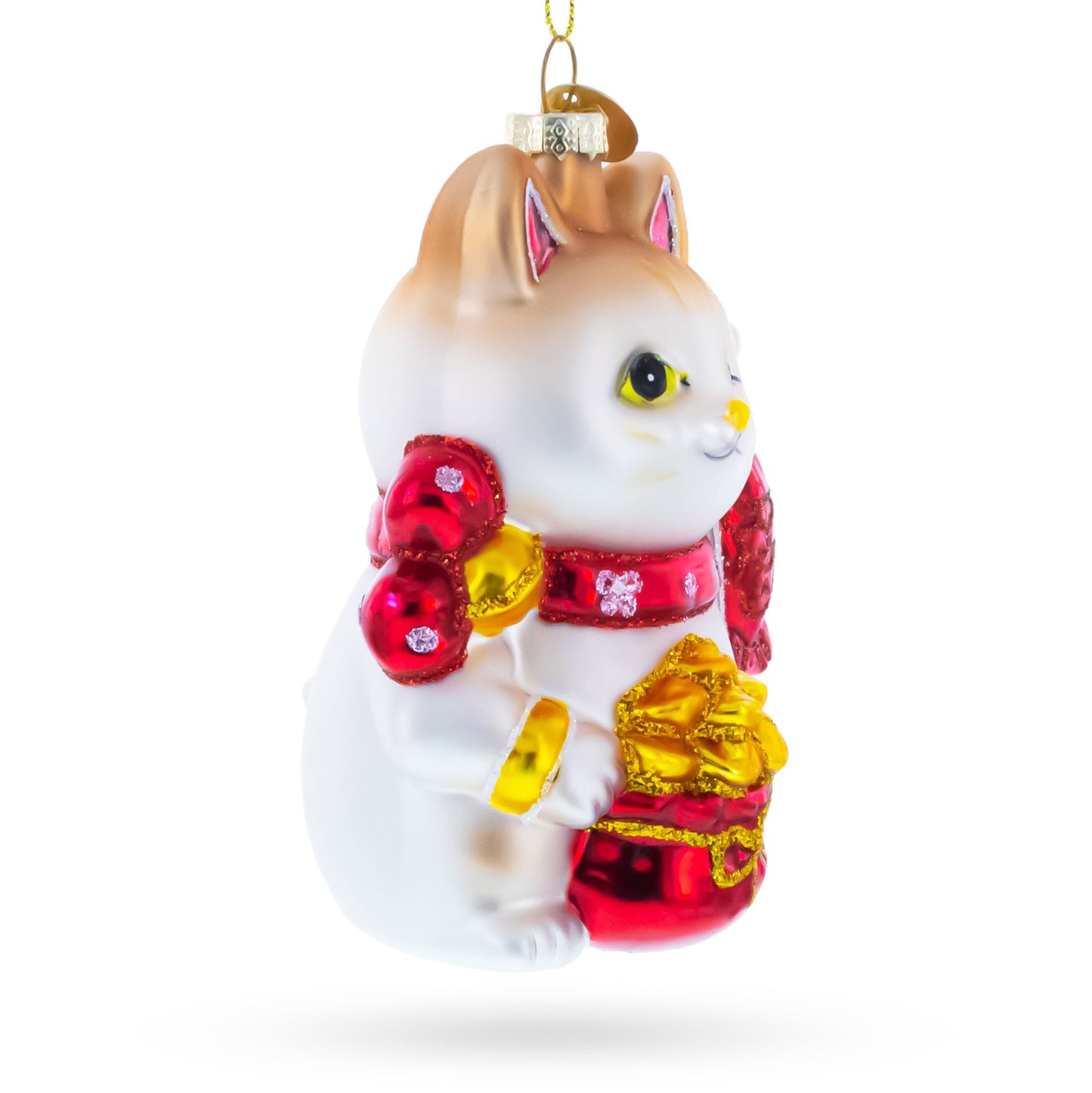 Lucky Maneki Neko Fortune Cat with Gold Coins Glass Christmas Ornament