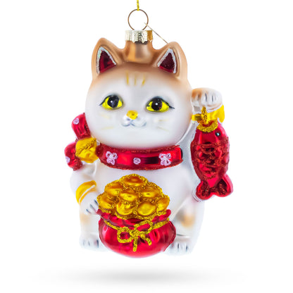 Lucky Maneki Neko Fortune Cat with Gold Coins Glass Christmas Ornament