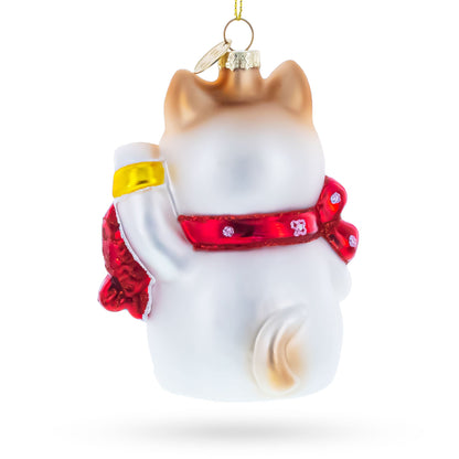Lucky Maneki Neko Fortune Cat with Gold Coins Glass Christmas Ornament