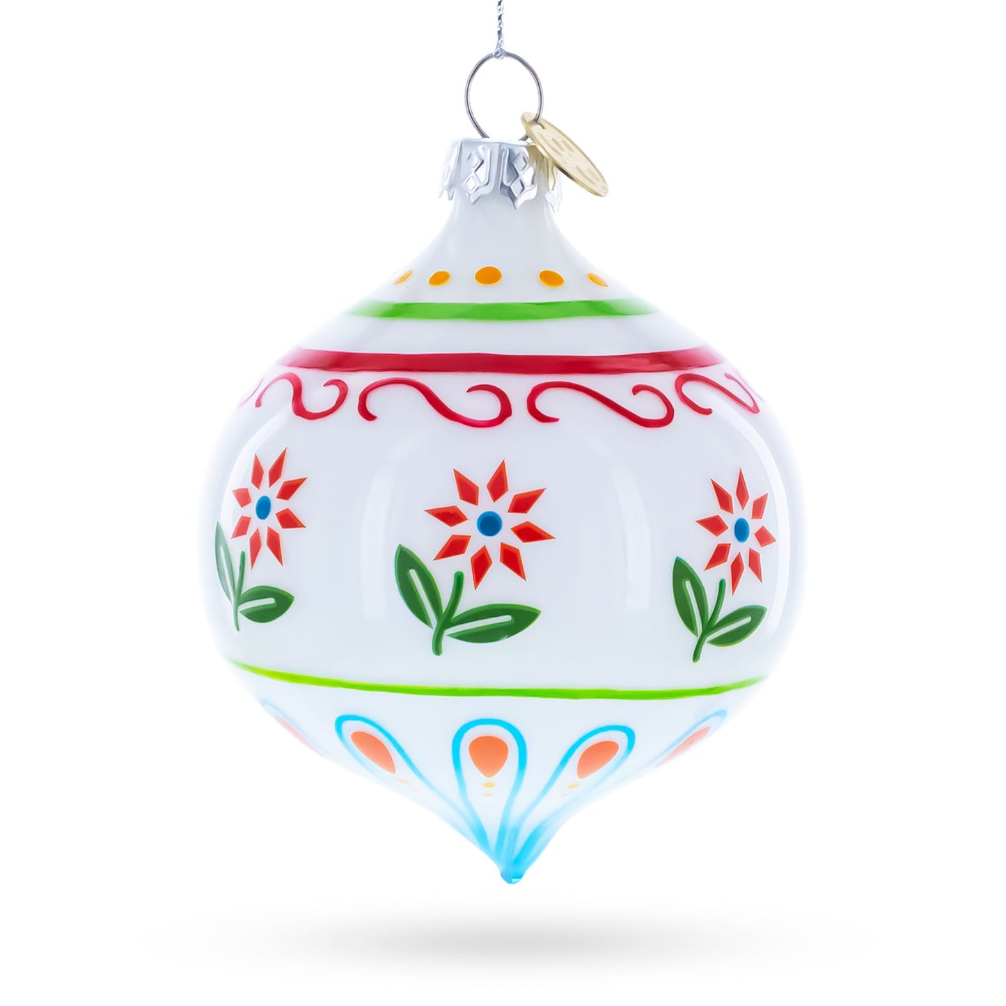 White Floral Pattern Finial Glass Christmas Ornament