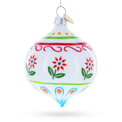 White Floral Pattern Finial Glass Christmas Ornament