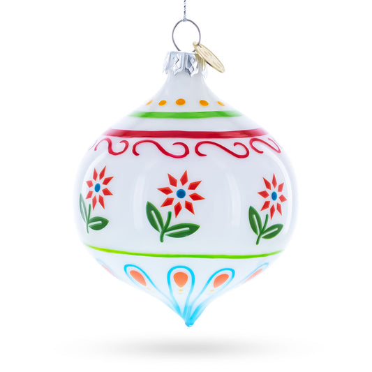 White Floral Pattern Finial Glass Christmas Ornament