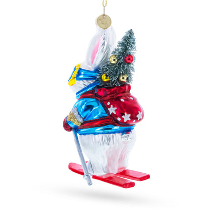 Skiing Bunny with Backpack Glass Christmas Ornament