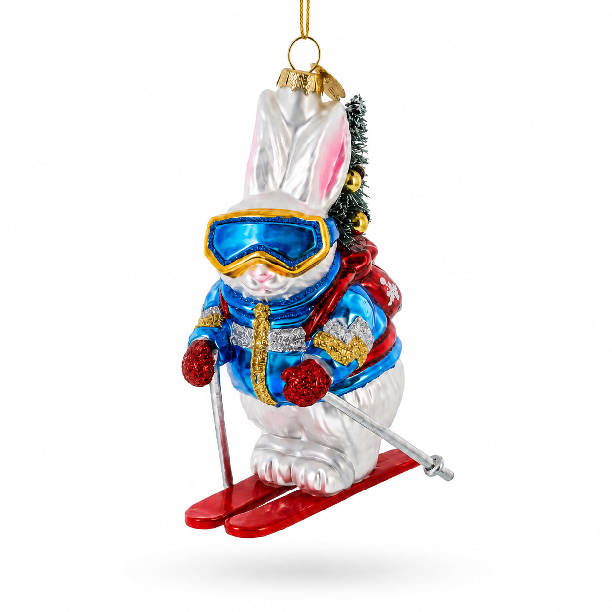 Skiing Bunny with Backpack Glass Christmas Ornament