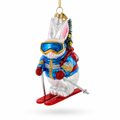 Skiing Bunny with Backpack Glass Christmas Ornament