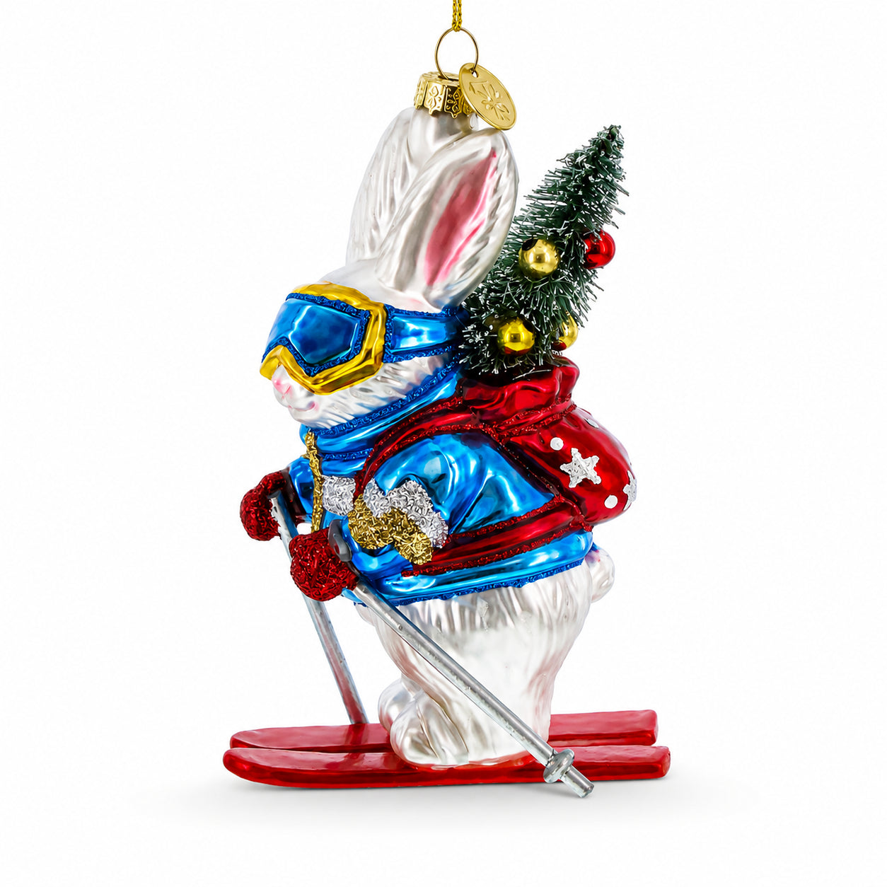 Skiing Bunny with Backpack Glass Christmas Ornament