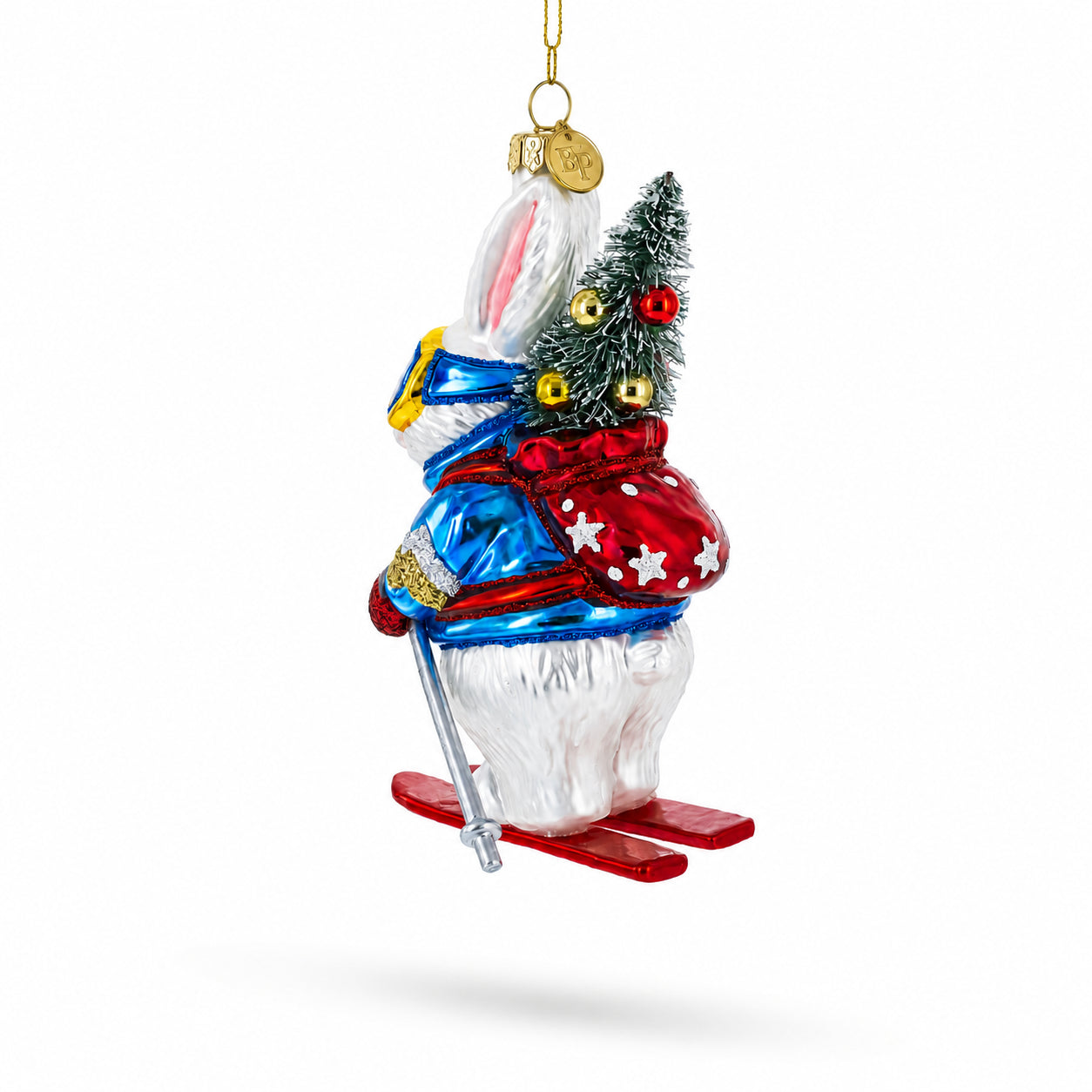 Skiing Bunny with Backpack Glass Christmas Ornament