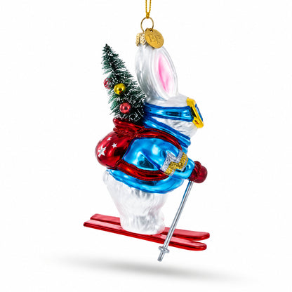 Skiing Bunny with Backpack Glass Christmas Ornament