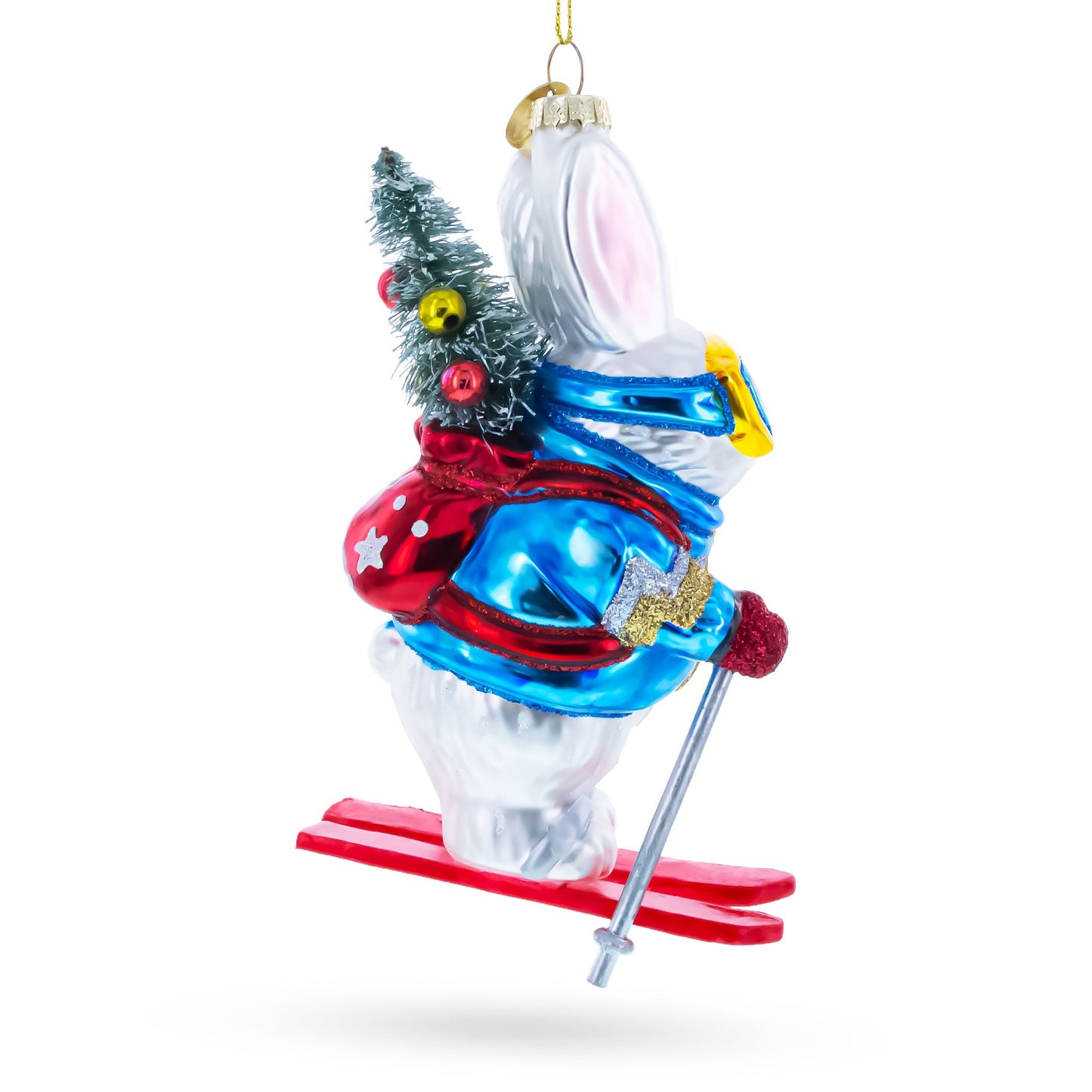 Skiing Bunny with Backpack Glass Christmas Ornament