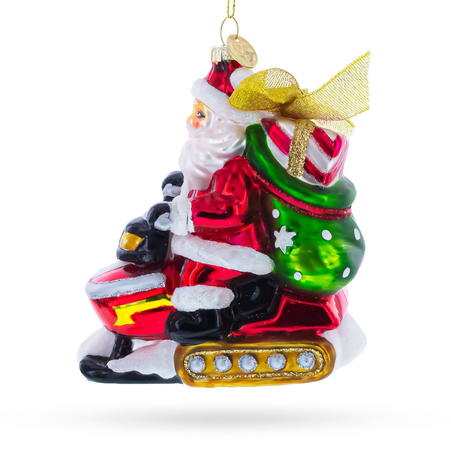 Santa on Snowmobile Glass Christmas Ornament
