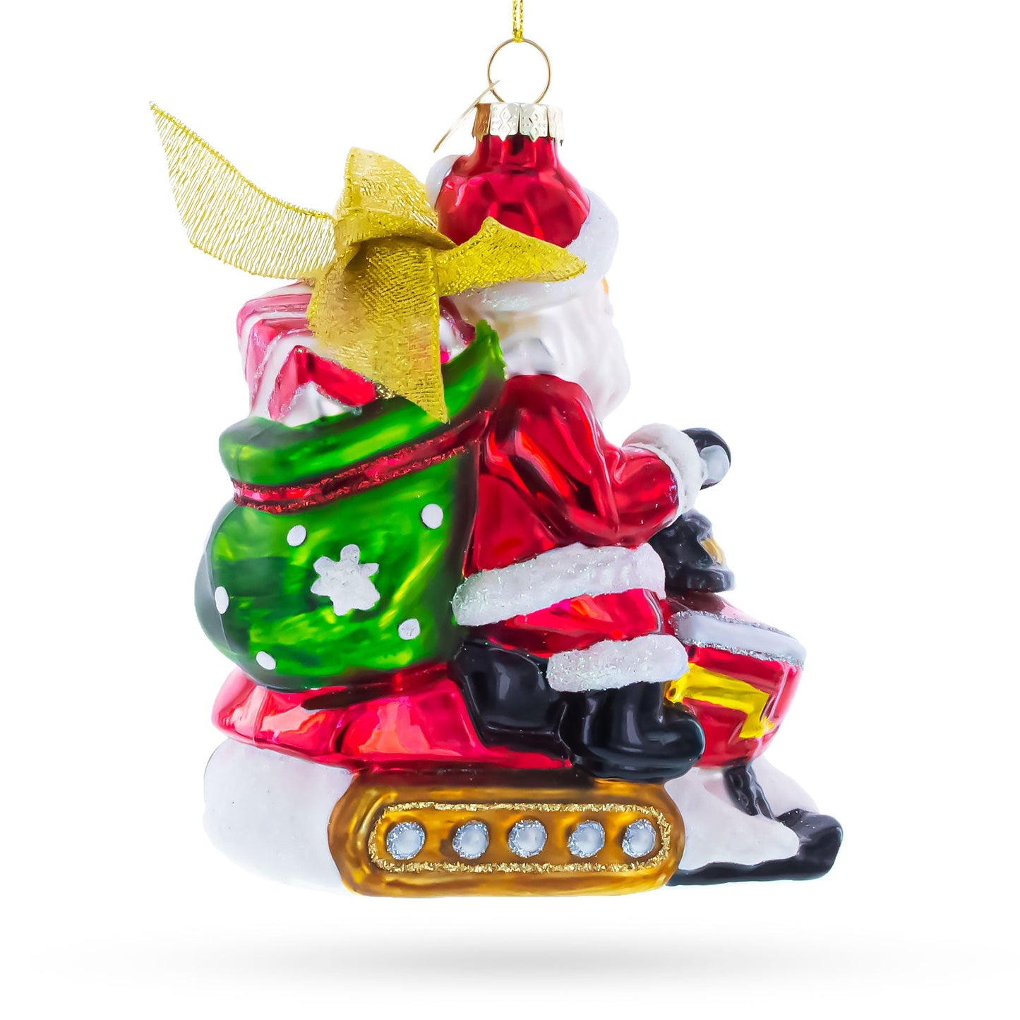 Santa on Snowmobile Glass Christmas Ornament