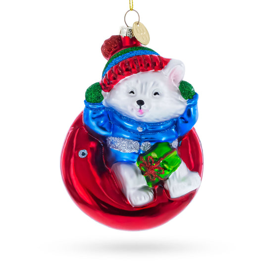 Puppy on Snow Tube Glass Christmas Ornament