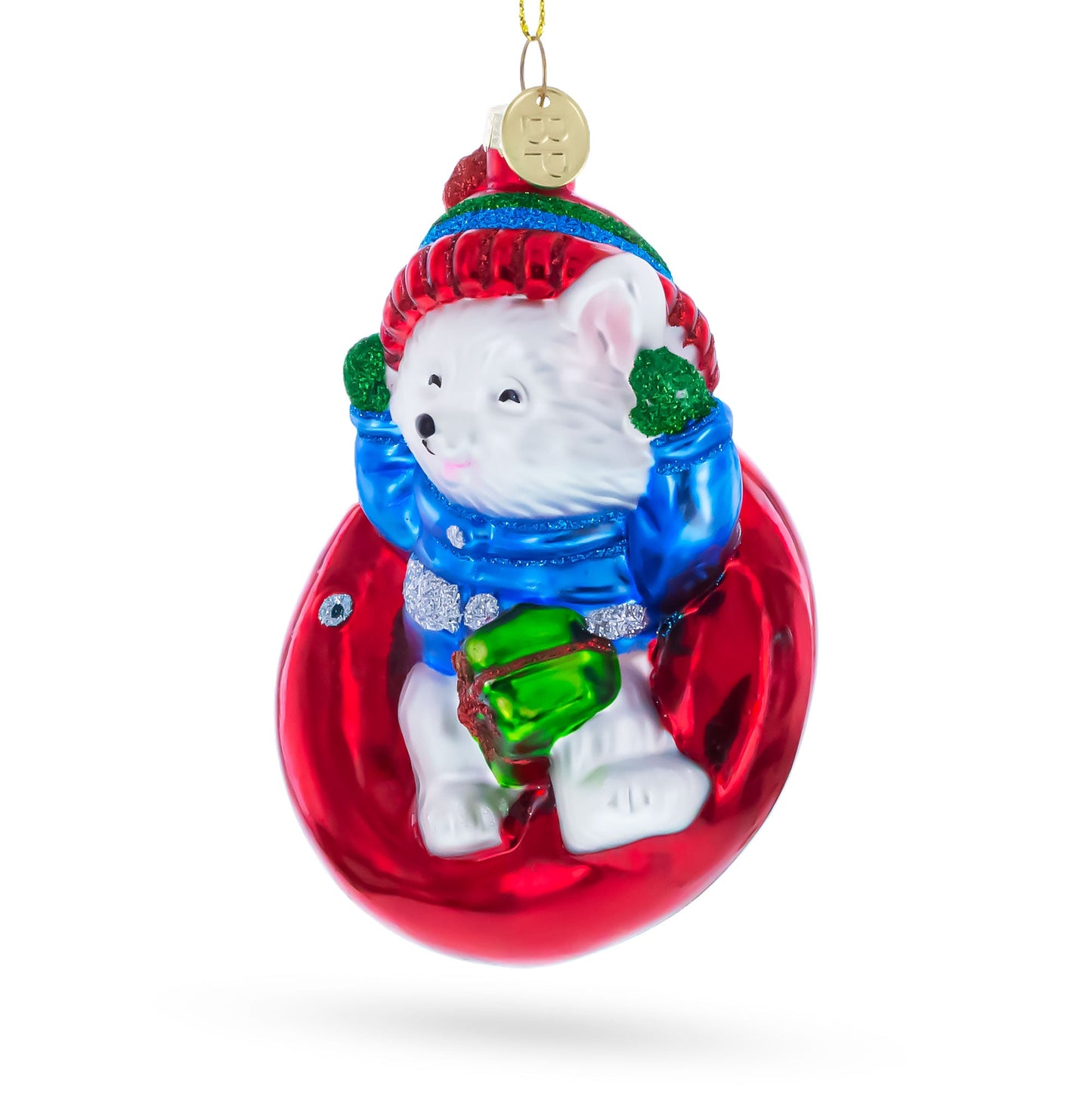 Puppy on Snow Tube Glass Christmas Ornament