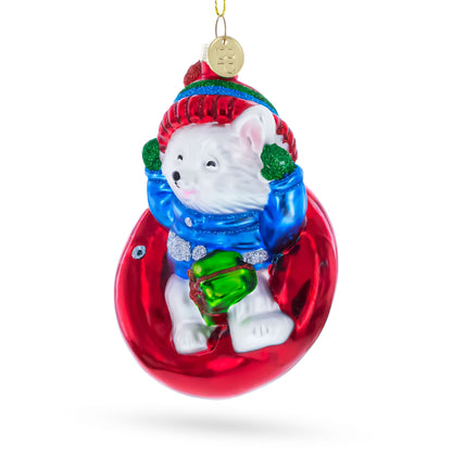 Puppy on Snow Tube Glass Christmas Ornament