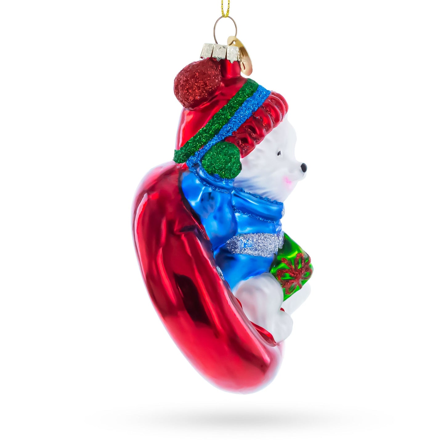 Puppy on Snow Tube Glass Christmas Ornament