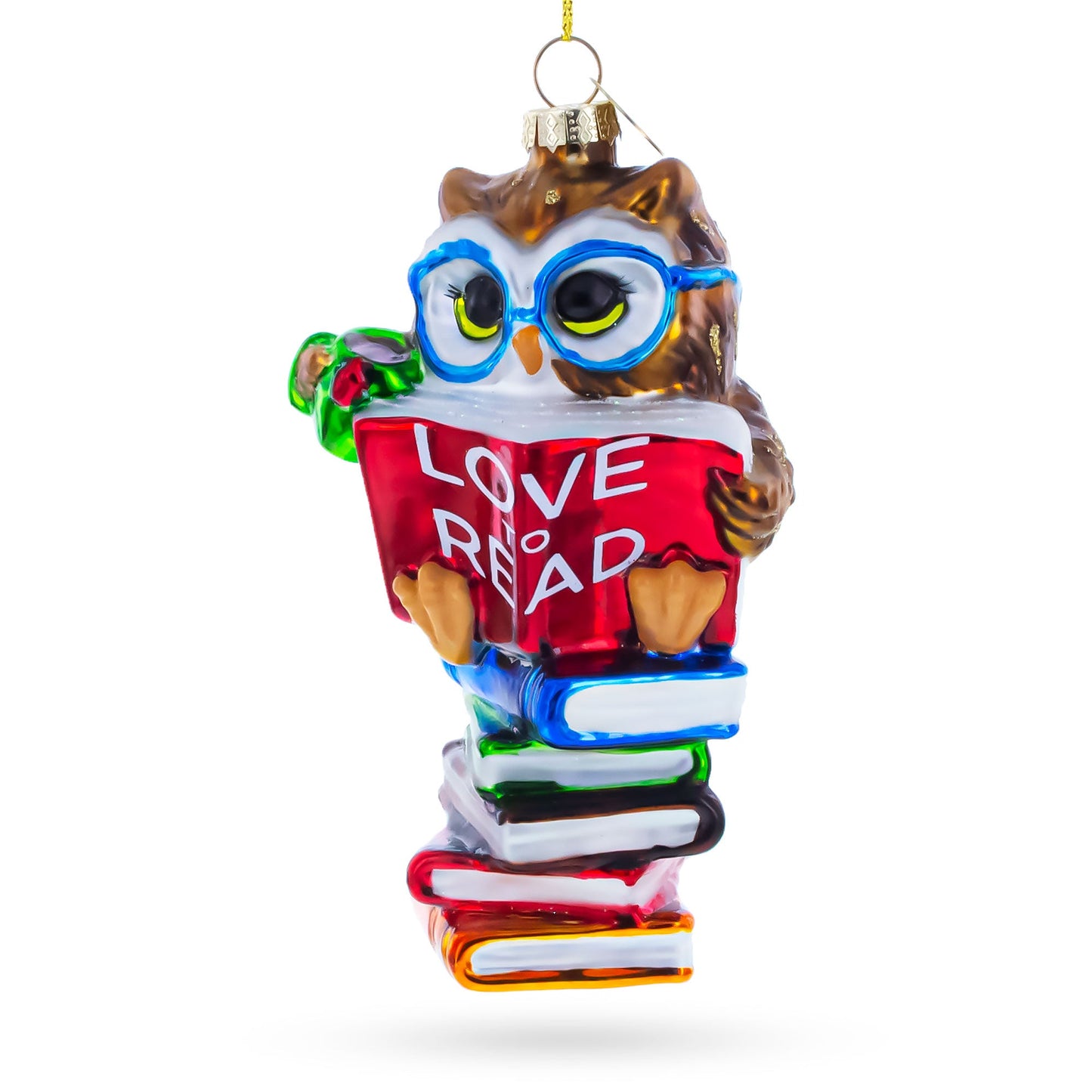 Love to Read Wise Owl with Books Glass Christmas Ornament