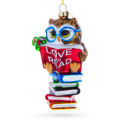 Love to Read Wise Owl with Books Glass Christmas Ornament